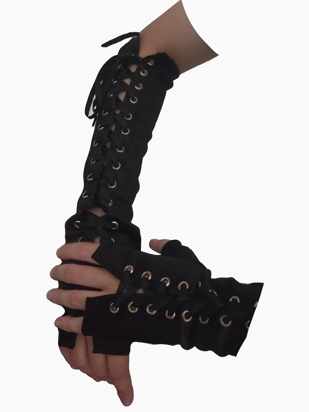 Black Lace-Up Fingerless Gloves Goth Punk